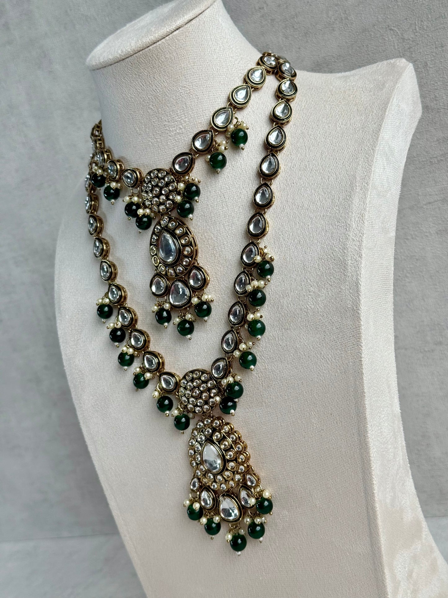 Ayura Designs Kalika Set with Necklace, Earrings, Tikka & Ring – Polki-Style Stones with Antique Green Enamel Detailing, Emerald Green Beads & Pearl Drops