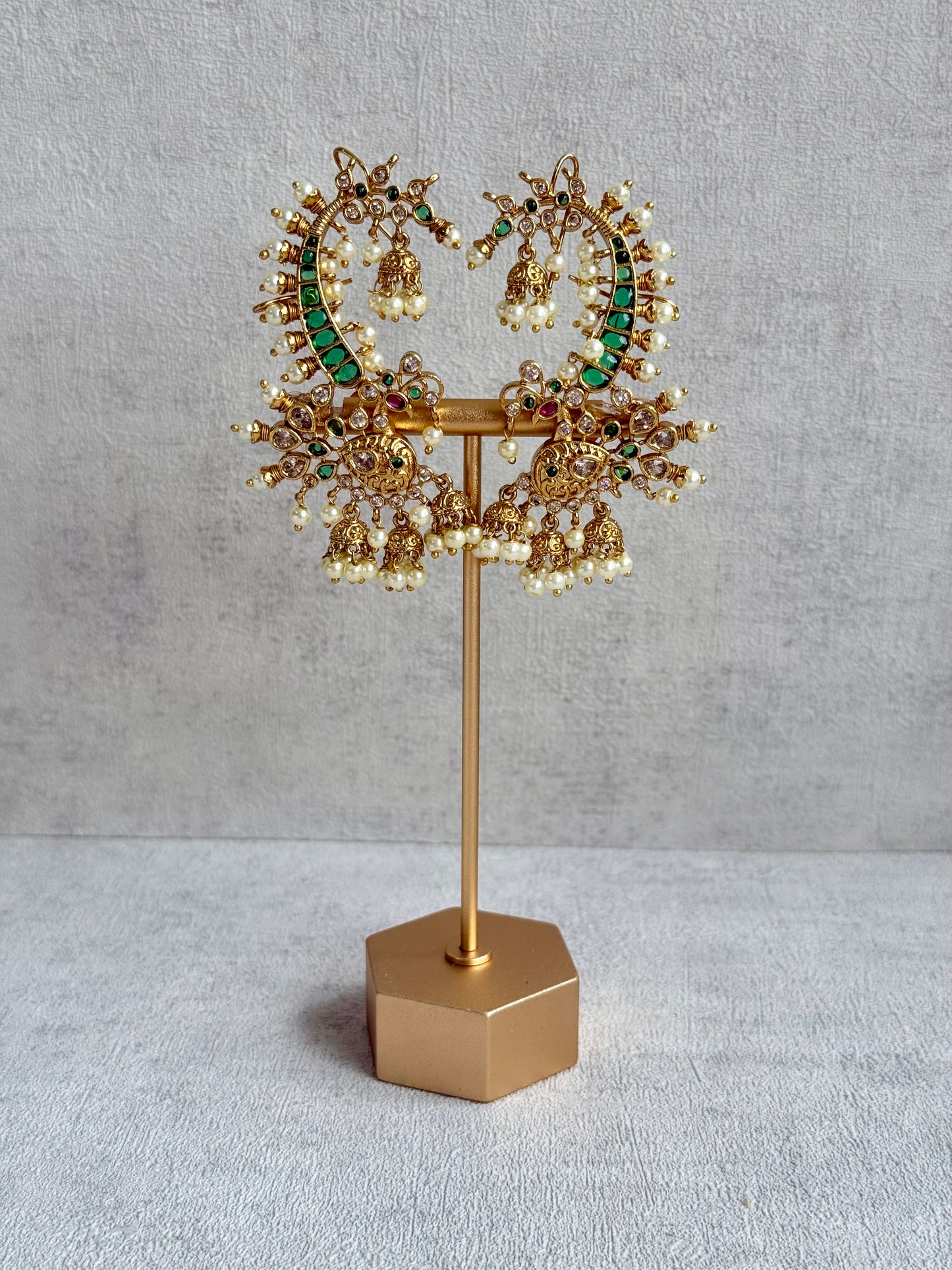 Ayura Designs Megha Half Ear Cuffs – Gold Peacock Motif with Crystal Stones, Emerald & Pink Accents and Pearl Jhumka Drops