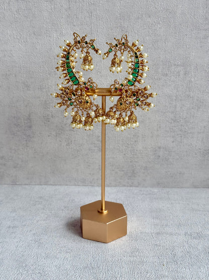 Ayura Designs Megha Half Ear Cuffs – Gold Peacock Motif with Crystal Stones, Emerald & Pink Accents and Pearl Jhumka Drops