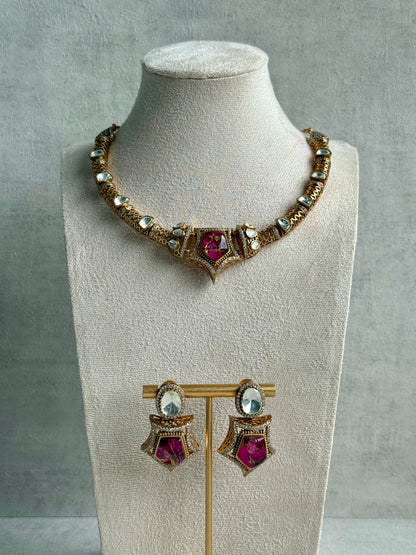 Ayura Designs Krupa Set – Necklace & Earrings with Magenta Stone featuring Natural Marbling, Mirror-Cut Kundan & Antique Gold Detailing