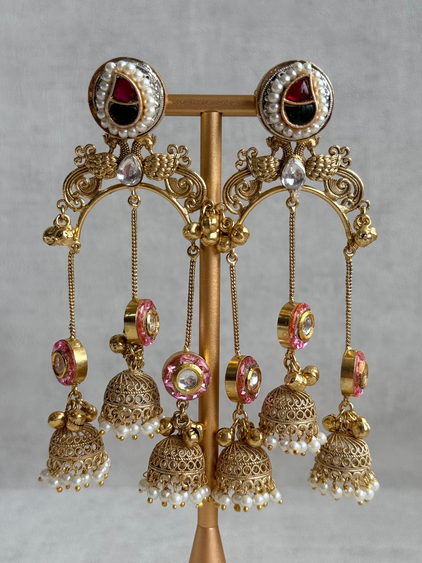 Ayura Designs Arzina Earrings – Triple Jhumki Earrings with Blush Pink Stones, Pearl Borders & Gold Detailing