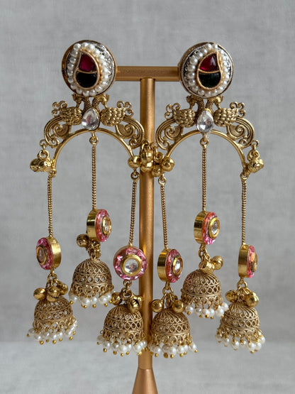 Ayura Designs Arzina Earrings – Triple Jhumki Earrings with Blush Pink Stones, Pearl Borders & Gold Detailing