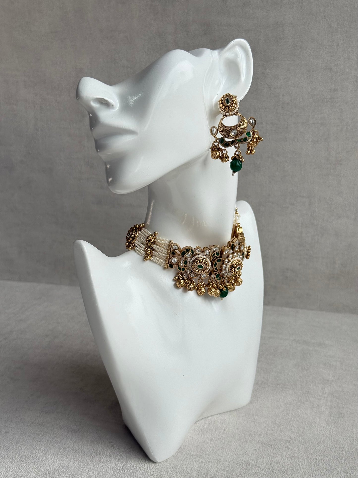Ayura Designs Sufna Choker Set with Earrings – Emerald Green Stones, Pearl Strands & Kundan Detailing