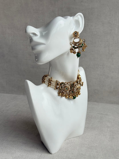 Ayura Designs Sufna Choker Set with Earrings – Emerald Green Stones, Pearl Strands & Kundan Detailing