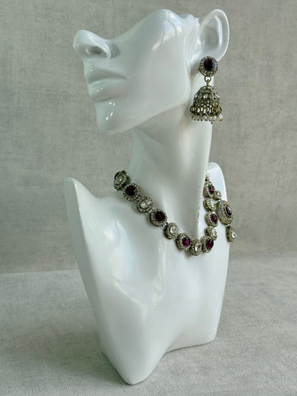 Ayura Designs Eira Necklace Set with Earrings & Tikka – Plum & Crystal Stones with Antique Gold Finish
