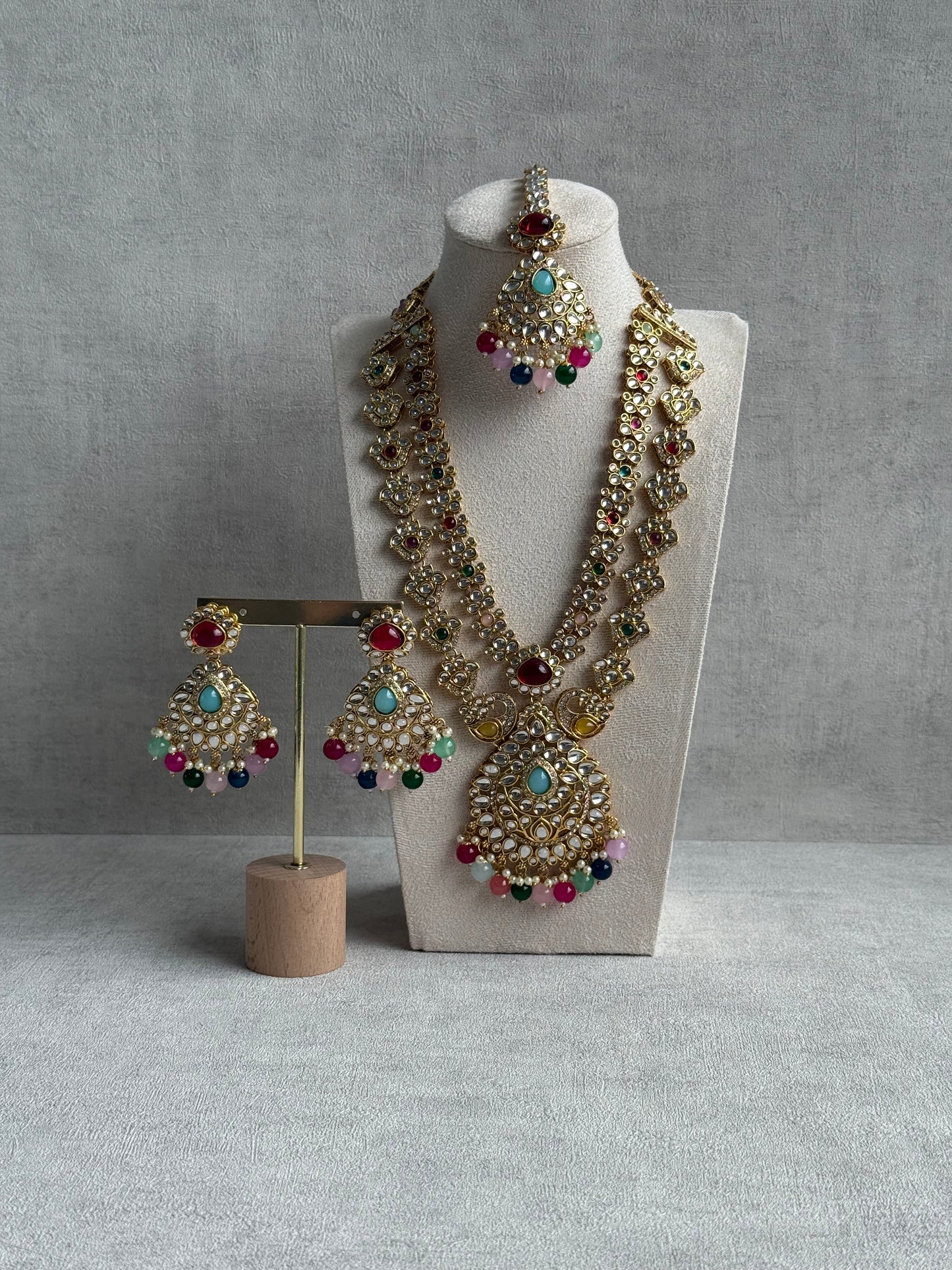 Ayura Designs Javeria Set with Earrings & Tikka – Multicolour Beads, Mirror Kundan & Gold Finish