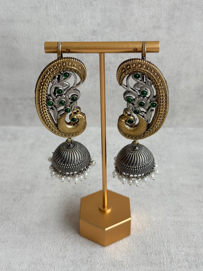 Ayura Designs Fasana Earrings – Dual Tone Oxidised Peacock Ear Climbers with Emerald Green Stones & Pearl Drops