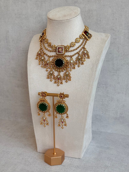 Ayura Designs Bolavi Necklace Set with Earrings – Green Stones, Kundan & Ghungroo Detailing