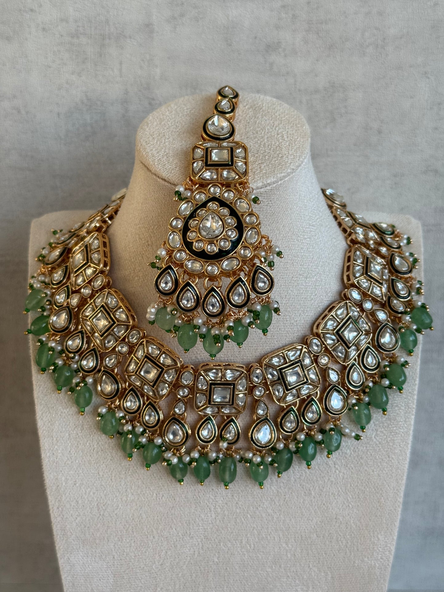 Ayura Designs Ishrat Set with Necklace, Earrings & Tikka – Kundan Detailing, Pearl Drops & Sage Green Beads