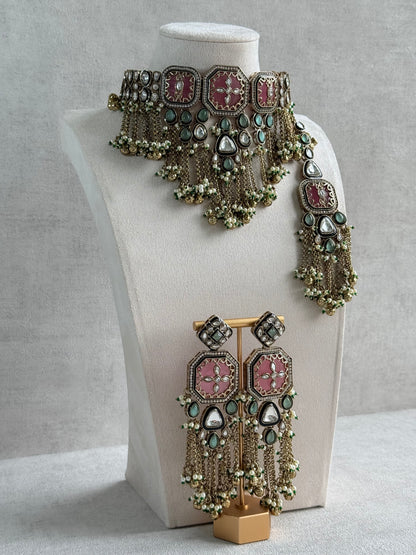 Ayura Designs Ashna Choker Set with Tikka and Earrings – Rose Pink, Mint Green & Kundan with Chains & Ghungroos in Antique Gold Finish