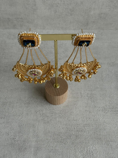 Ayura Designs Jheel Earrings – Navy Half-Moon Drops with Pearl Edging & Golden Ghungroos