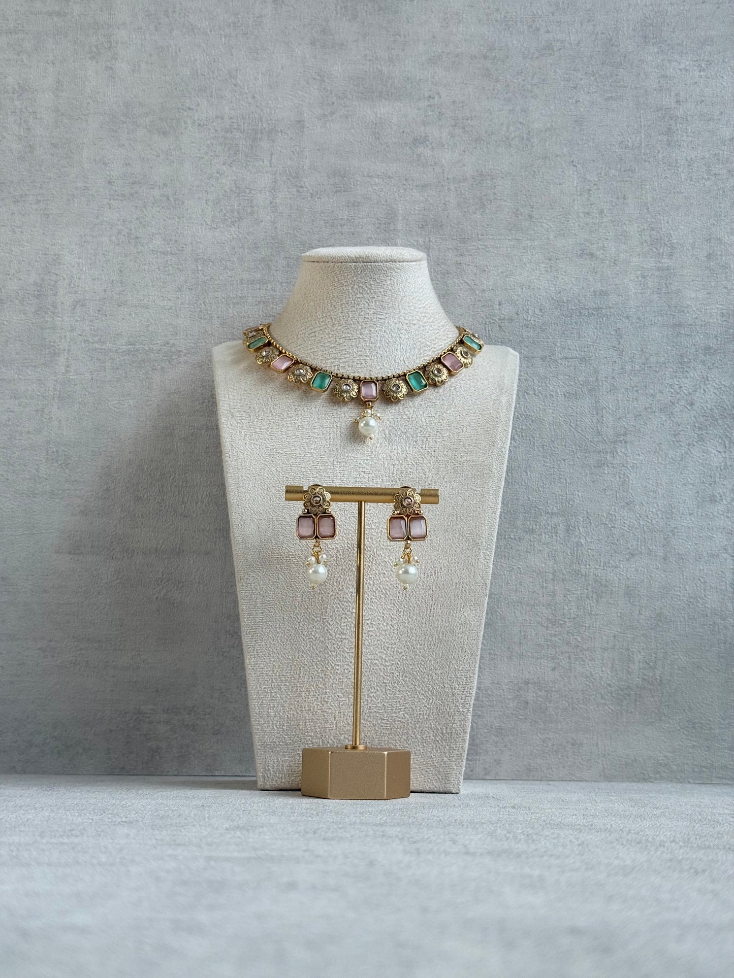 Ayura Designs Padma Necklace Set with Earrings – Blush Pink & Mint Green Stones with Pearl Drop Detailing