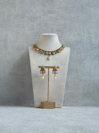 Ayura Designs Padma Necklace Set with Earrings – Blush Pink & Mint Green Stones with Pearl Drop Detailing