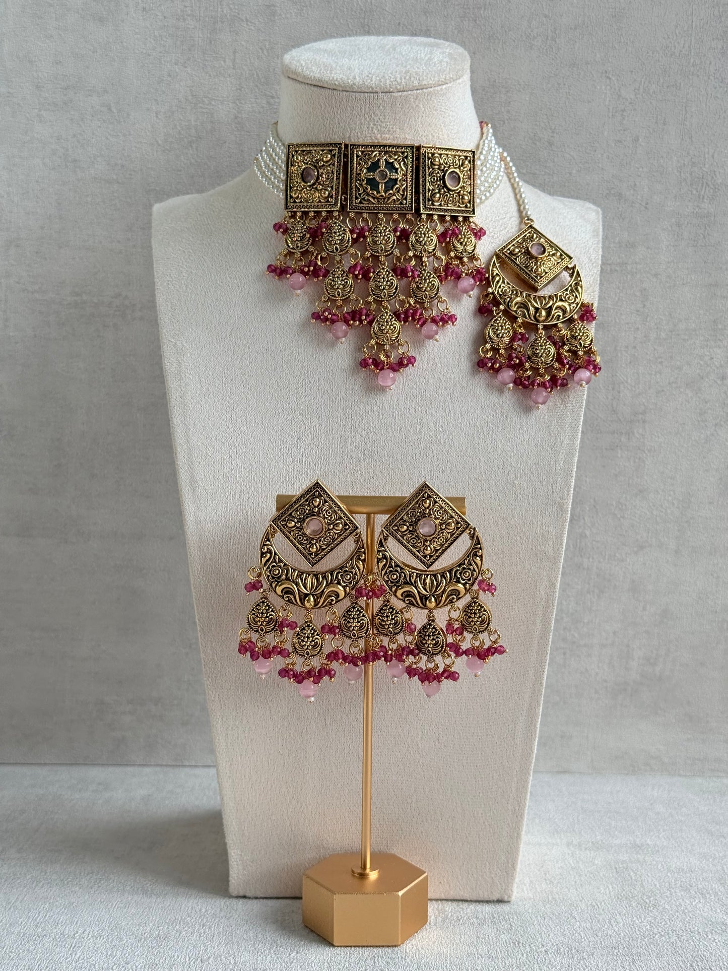 Ayura Designs Samera Choker Set with Earrings & Tikka – Rani Pink & Blush Pink Beads, Green Centre Stone, Floral Motifs & Antique Gold Finish
