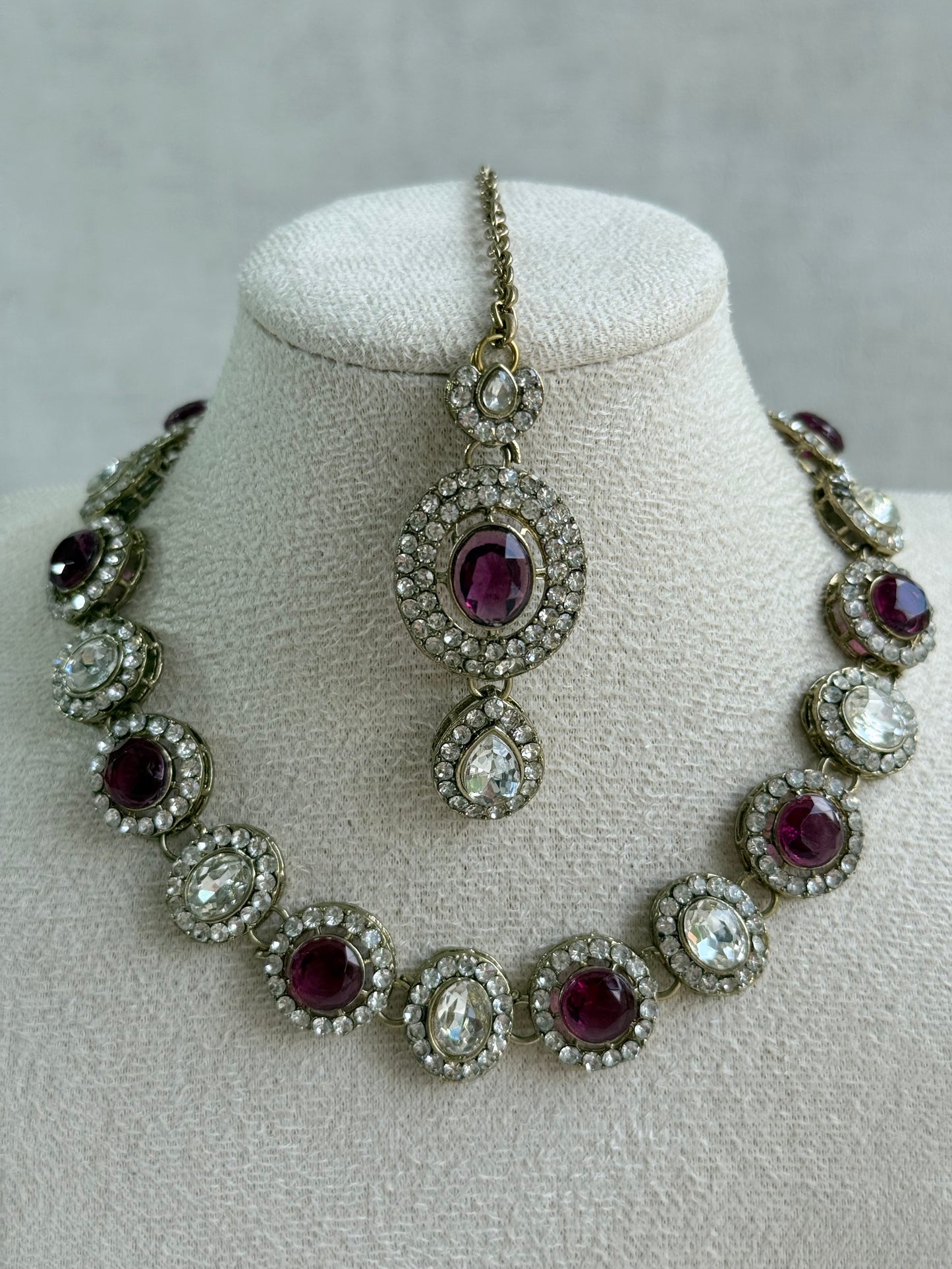 Ayura Designs Eira Necklace Set with Earrings & Tikka – Plum & Crystal Stones with Antique Gold Finish