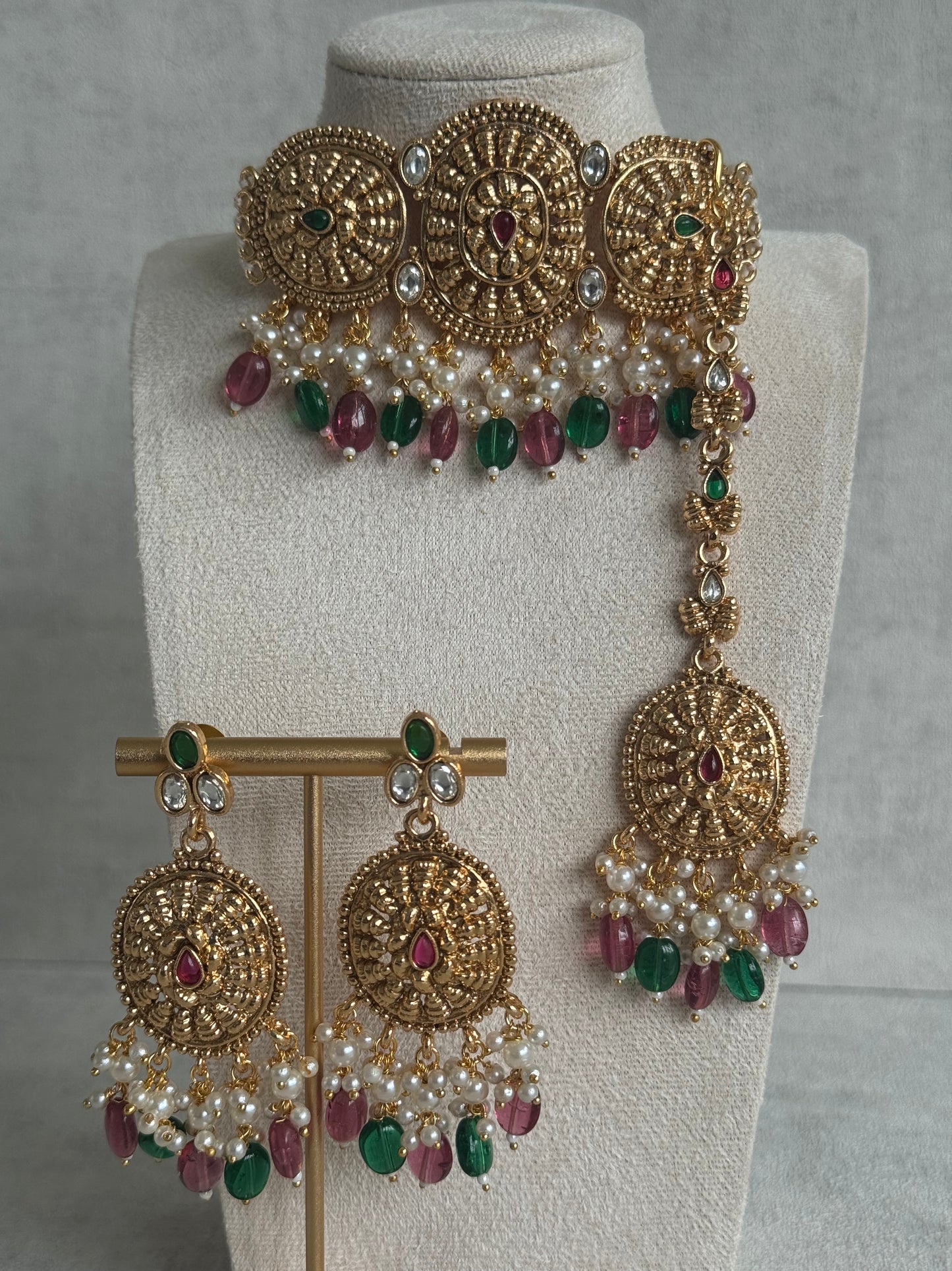 Ayura Designs Tanveer Choker Set with Earrings & Tikka – Antique Gold with Mirror-Cut Stones, Ruby & Emerald Beads