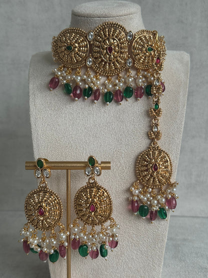 Ayura Designs Tanveer Choker Set with Earrings & Tikka – Antique Gold with Mirror-Cut Stones, Ruby & Emerald Beads