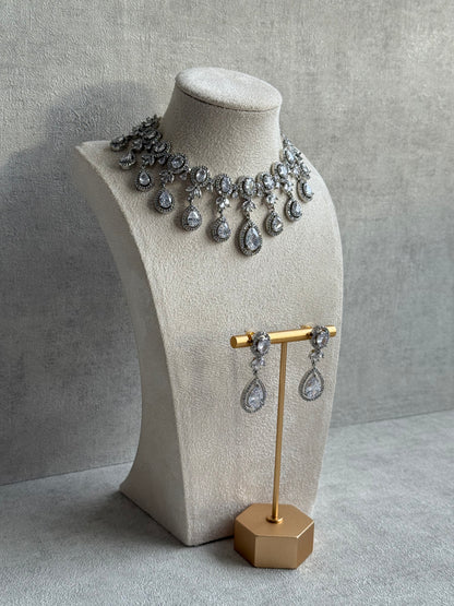 Ayura Designs Grace Set with Necklace & Earrings – Pear-Cut Moissanite Stones, Halo Detailing & Antique Silver Finish