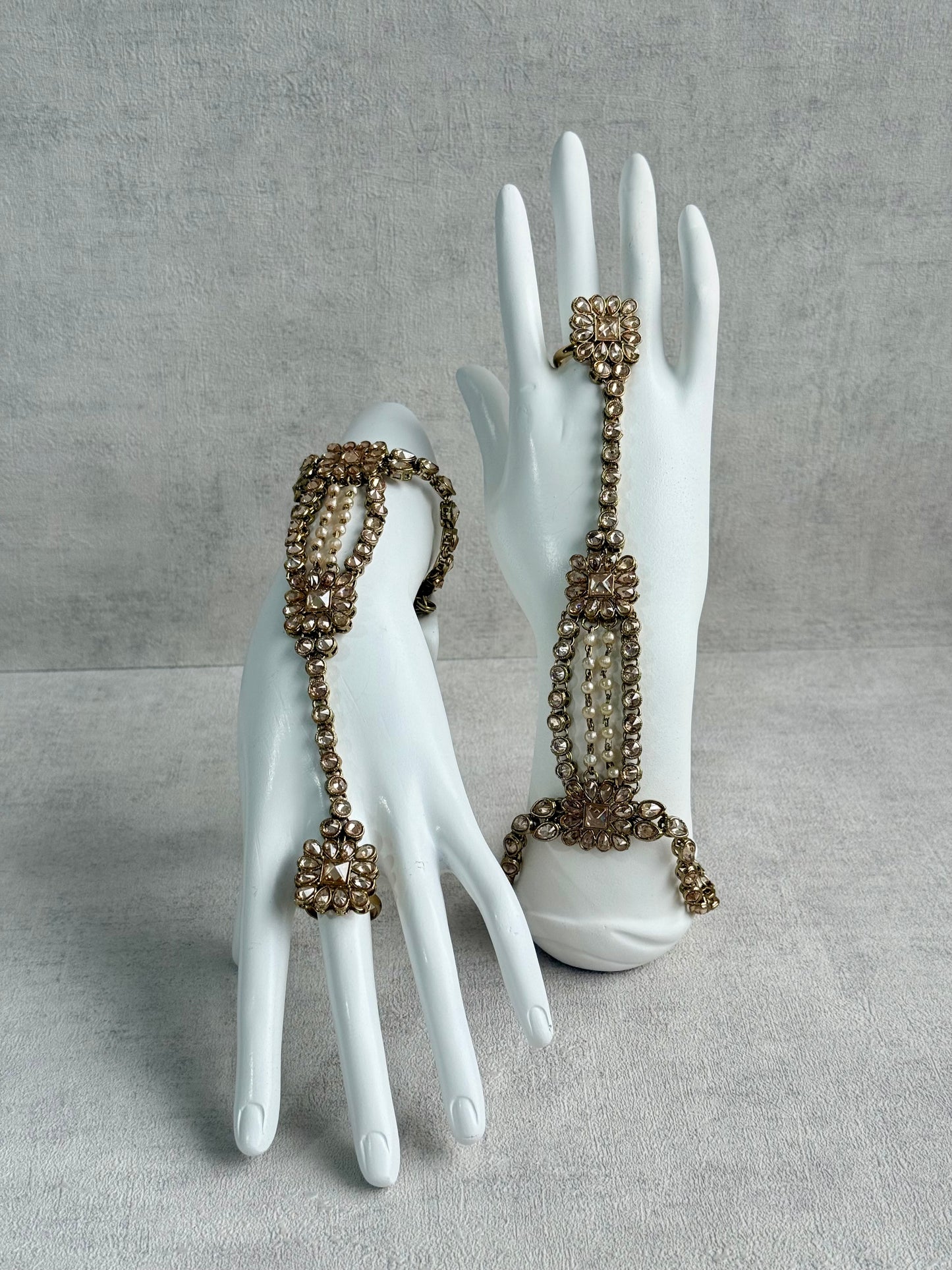 Ayura Designs Rupi Haathphool – Antique Gold with Champagne Stones & Pearl Detailing