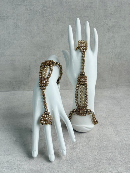 Ayura Designs Rupi Haathphool – Antique Gold with Champagne Stones & Pearl Detailing