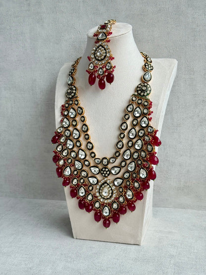 Ayura Designs Zahira Bridal Set with Necklace, Earrings & Tikka – Kundan Detailing with Green Enamel, Ruby Pink Stones & Maroon Bead Drops