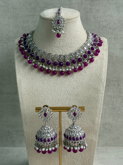Ayura Designs Rayal Set – Silver Necklace, Jhumkis & Tikka with Amethyst Purple Stones & Pearl Detailing