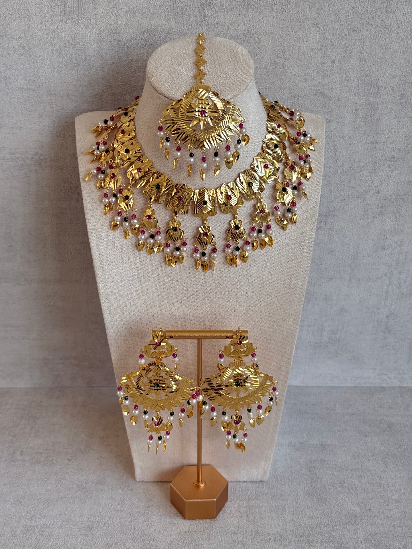 Ayura Designs Baisakhi Set with Earrings & Tikka – Gold Pipal Patti Design with Ruby Pink, Emerald Green & Pearl Detailing
