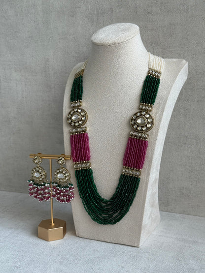 Ayura Designs Sienna Set – Long Layered Necklace & Earrings with Emerald, Berry Pink & Ivory Beads, Mirror-Cut Kundan & Pearl Detailing