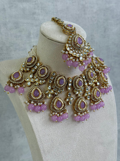 Ayura Designs Janvi Set with Necklace, Earrings & Tikka – Kundan Detailing, Lilac Beads & Ivory Pearl Drops