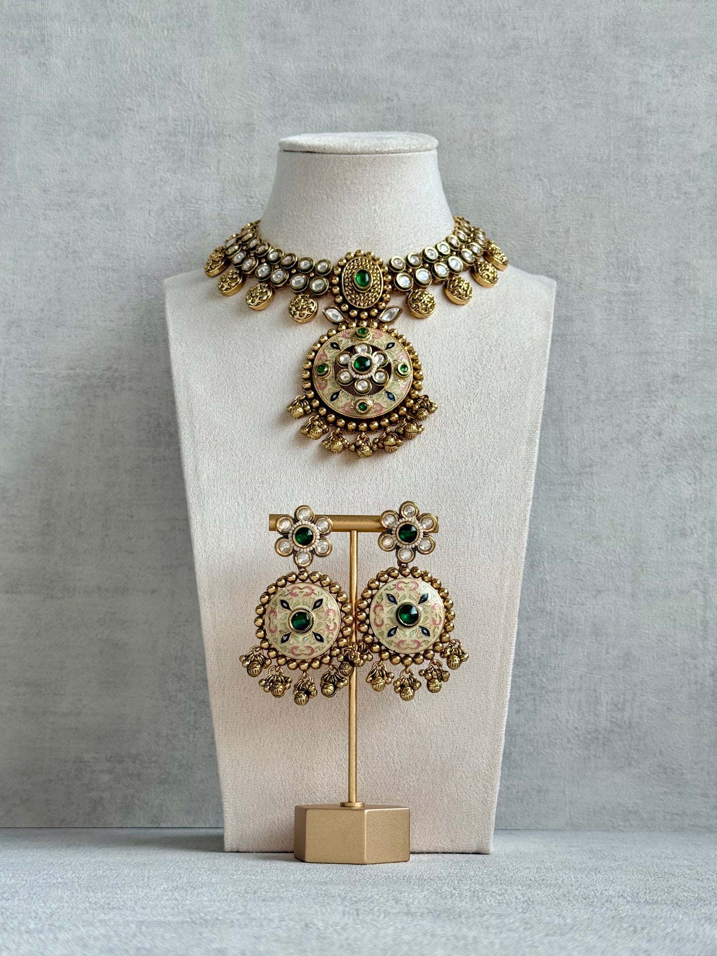 Ayura Designs Zayna Set with Necklace & Earrings – Ivory Meenakari with Emerald Green Stones