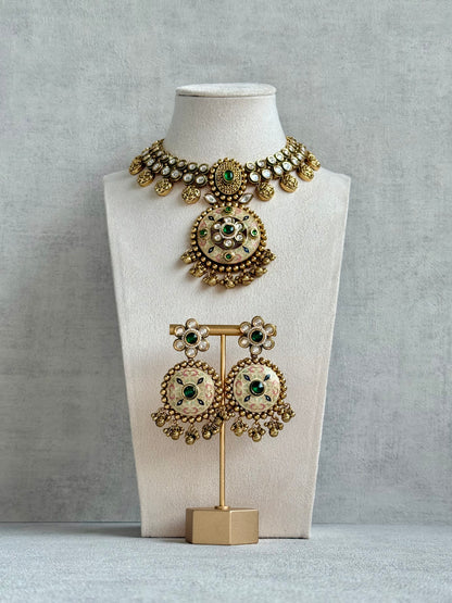 Ayura Designs Zayna Set with Necklace & Earrings – Ivory Meenakari with Emerald Green Stones
