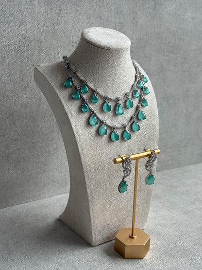 Ayura Designs Nida Set with Necklace & Earrings – Mint Green Stones, Diamond-Cut Accents & Silver Finish