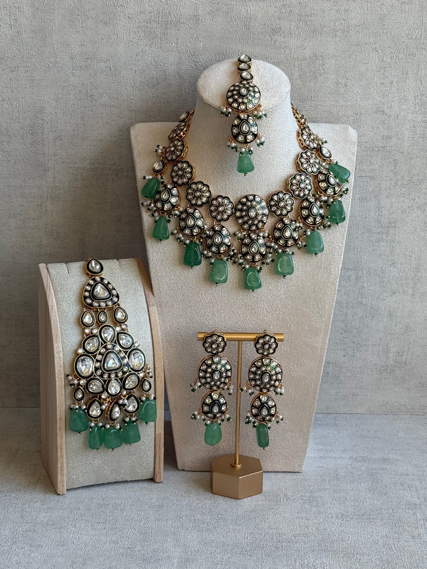 Ayura Designs Sumaira Set with Passa – Necklace, Earrings, Tikka & Passa with Kundan, Green Meenakari Detailing & Jade Green Drops