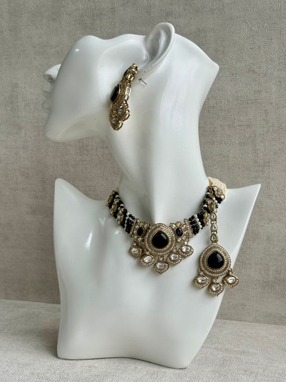 Ayura Designs Rahi Necklace Set with Earrings & Tikka – Black Stones with Mirror-Cut Detailing & Pearl Strands