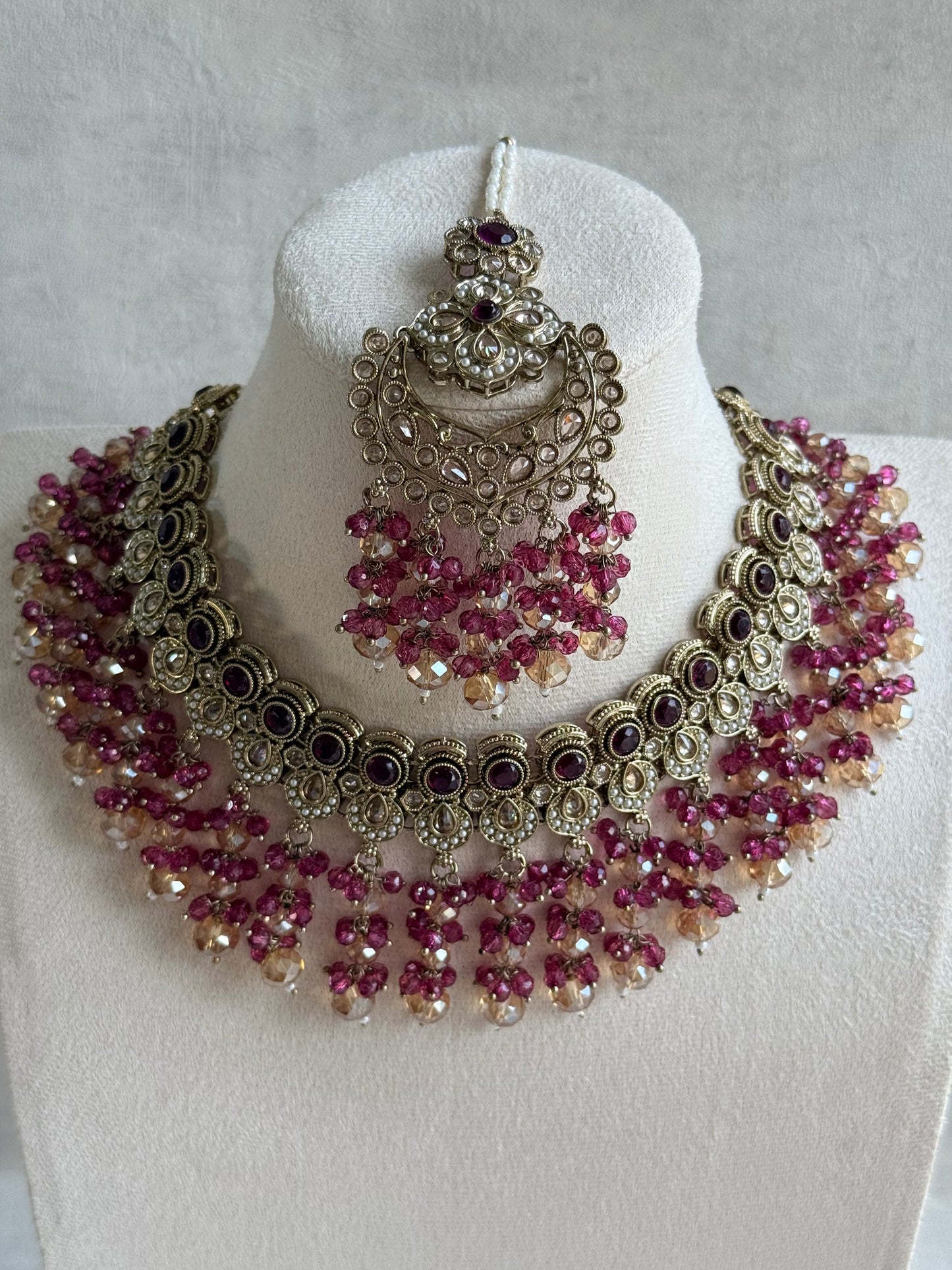 Ayura Designs Dilnaz Necklace Set with Earrings, Tikka & Passa – Berry Pink & Champagne Crystal Beads & Antique Gold Finish