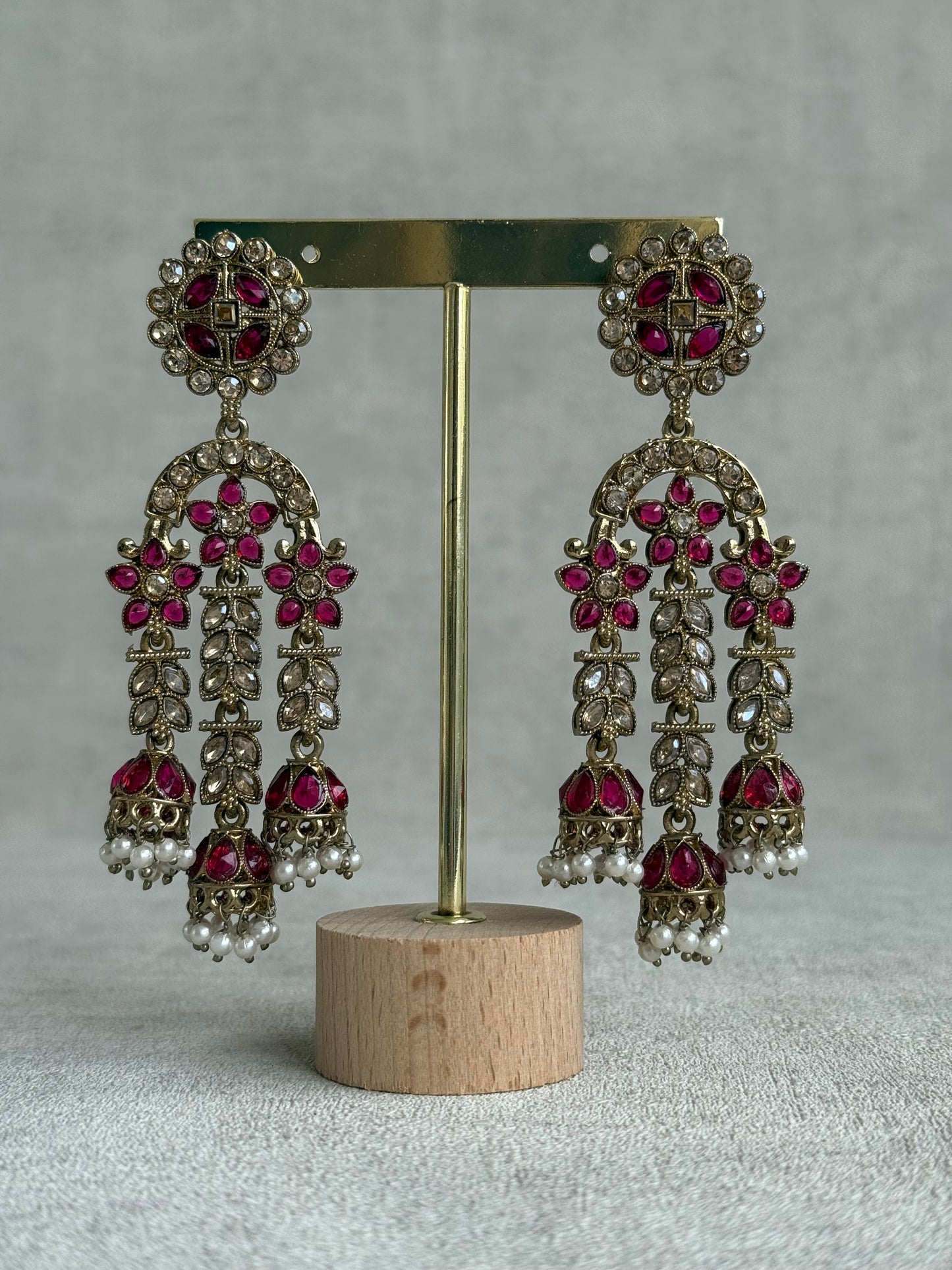 Ayura Designs Soraya Earrings – Fuchsia & Champagne Stones with Pearl Drops & Gold Finish