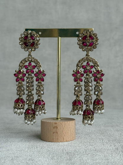 Ayura Designs Soraya Earrings – Fuchsia & Champagne Stones with Pearl Drops & Gold Finish
