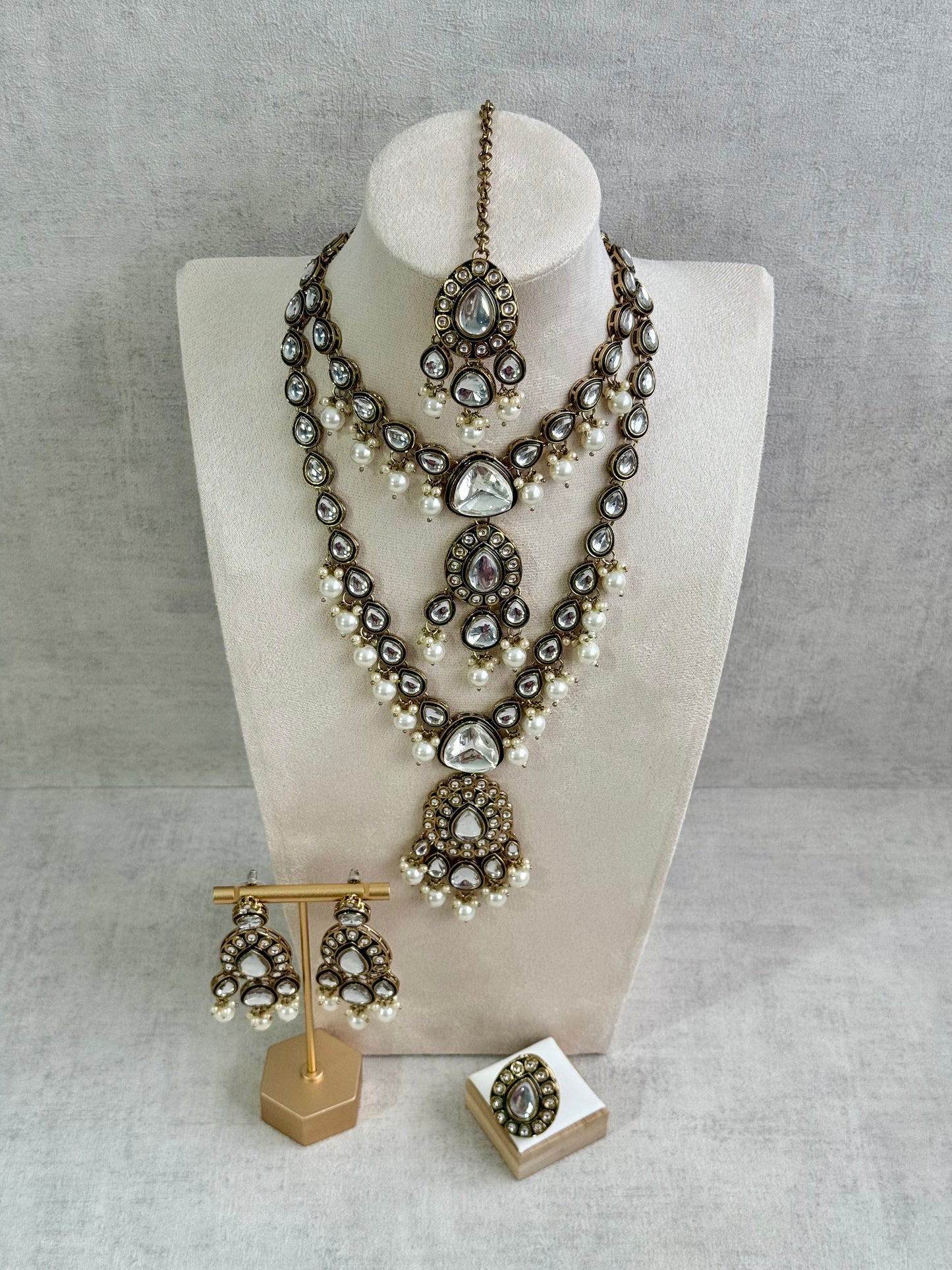 Ayura Designs Kalika Set with Necklace, Earrings, Tikka & Ring – Polki-Style Stones with Antique Green Enamel Detailing & Pearl Drops