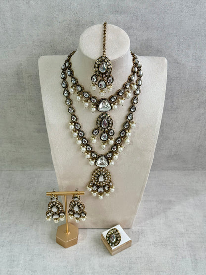 Ayura Designs Kalika Set with Necklace, Earrings, Tikka & Ring – Polki-Style Stones with Antique Green Enamel Detailing & Pearl Drops