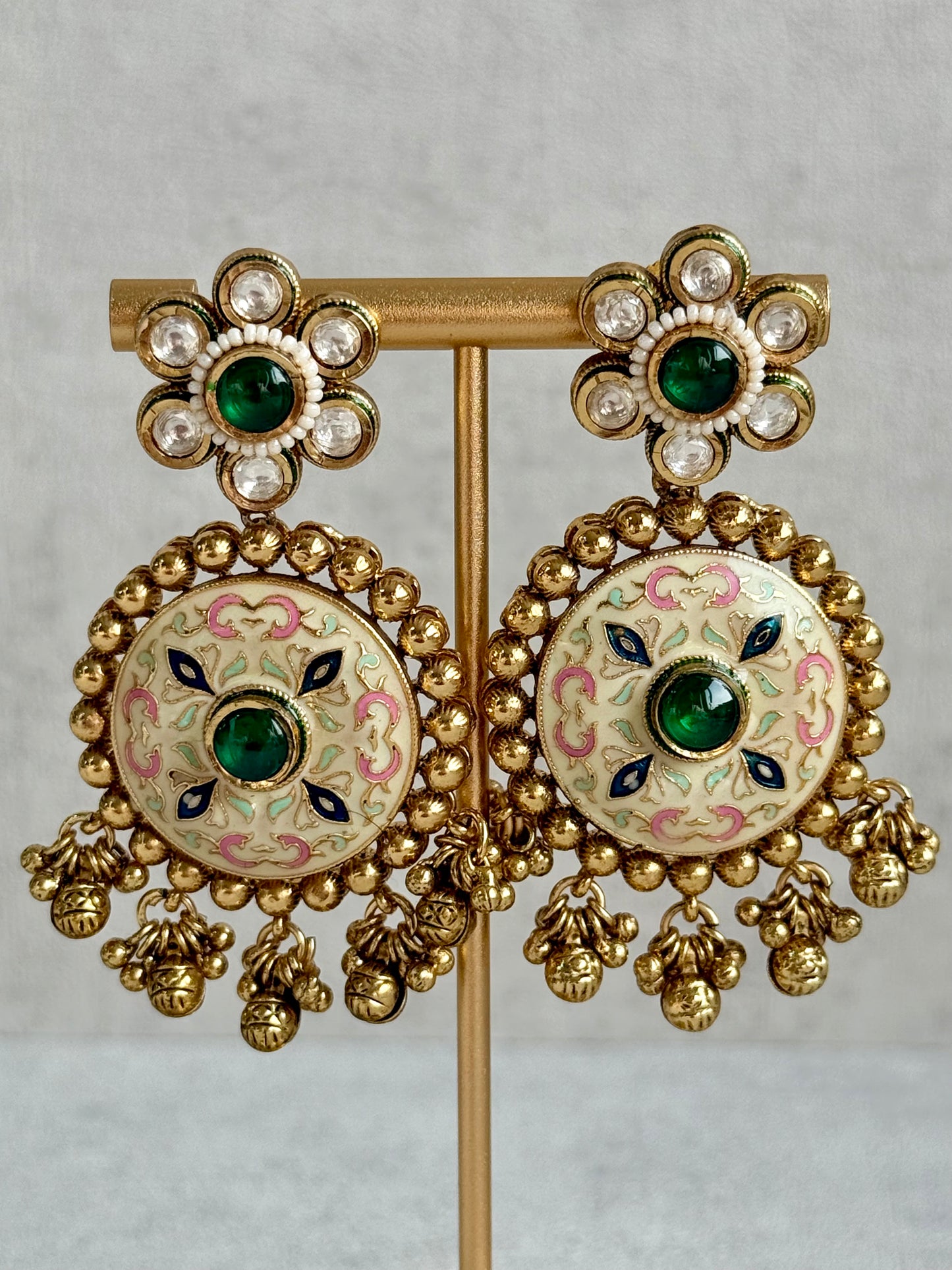 Ayura Designs Zayna Set with Necklace & Earrings – Ivory Meenakari with Emerald Green Stones