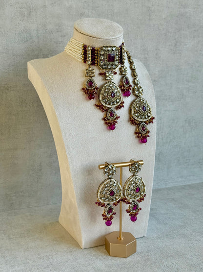 Ayura Designs Zarmeen Choker Set with Earrings & Tikka – Mirror-Cut Stones, Antique Gold Finish and Magenta Beads