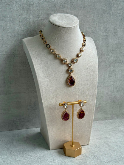 Ayura Designs Lilly Set with Necklace & Earrings – Burnt Crimson Marble Stones, Mirror-Cut Accents & Antique Gold Finish