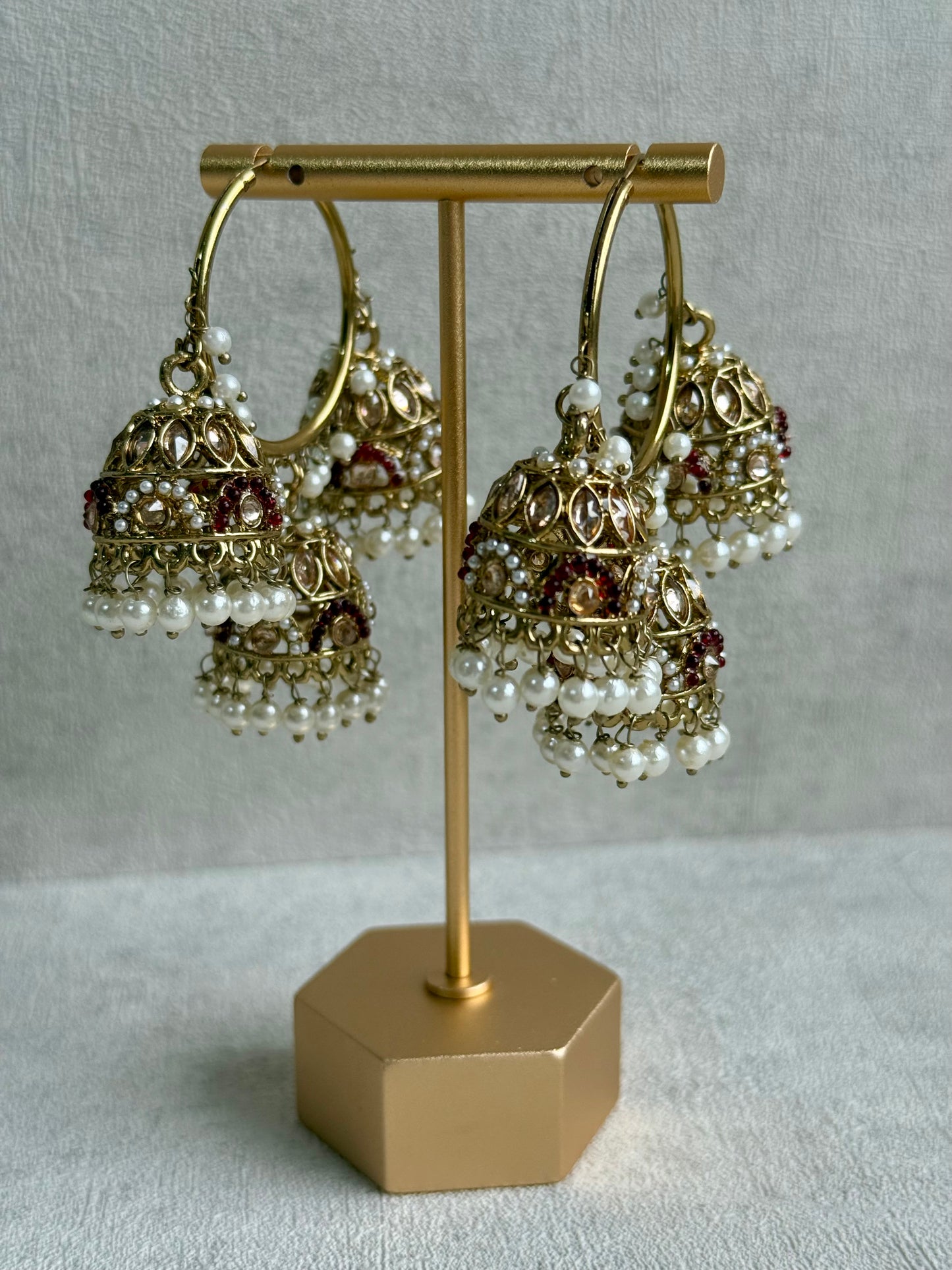 Ayura Designs Nakhra Balis – Ruby Red Triple Dome Earrings with Pearl Clusters & Mirror-Cut Detailing