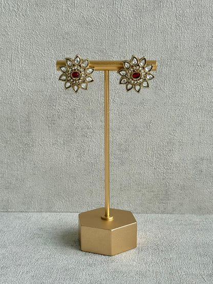 Ayura Designs Amaya Necklace Set with Studs – Antique Finish in Ruby Red Stones with Pearl Strands