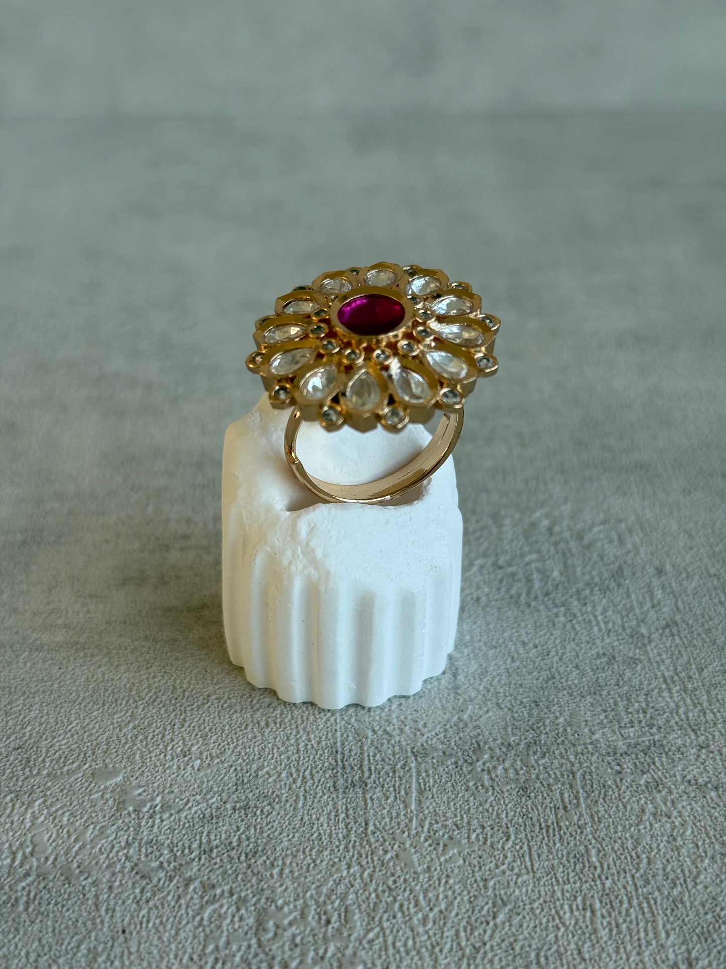 Ayura Designs Luisa Adjustable Ring – Pink Centre Stone with Crystal Petal Detailing