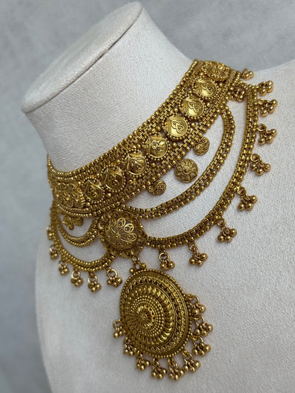 Ayura Designs Subha Choker Set with Earrings & Passa – Antique Gold Engraved Medallions, Layered Chains & Ghungroo Drops