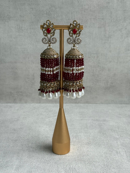 Ayura Designs Sage Earrings – Statement Jhumkis with Mirror-Cut Stones, Pearl Drops & Ruby Red Beads