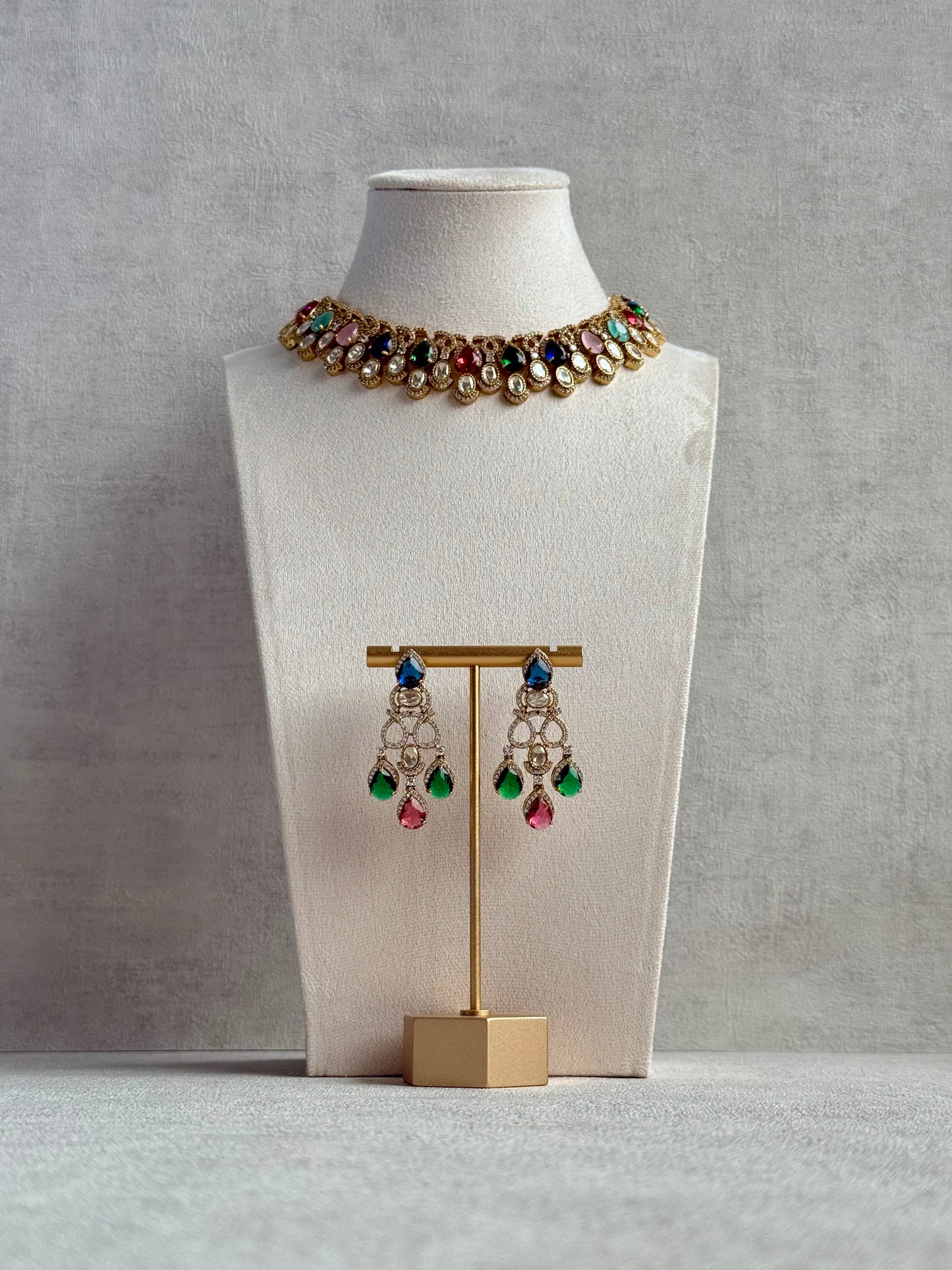 Ayura Designs Sylvie Necklace Set with Earrings – Gold Finish with Moissanite Crystals & Multicolour Stones