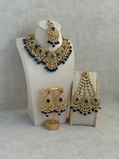 Ayura Designs Zara Set with Necklace, Earrings, Tikka & Passa – Antique Gold with Kundan Detailing & Ink Blue Stones & Beads