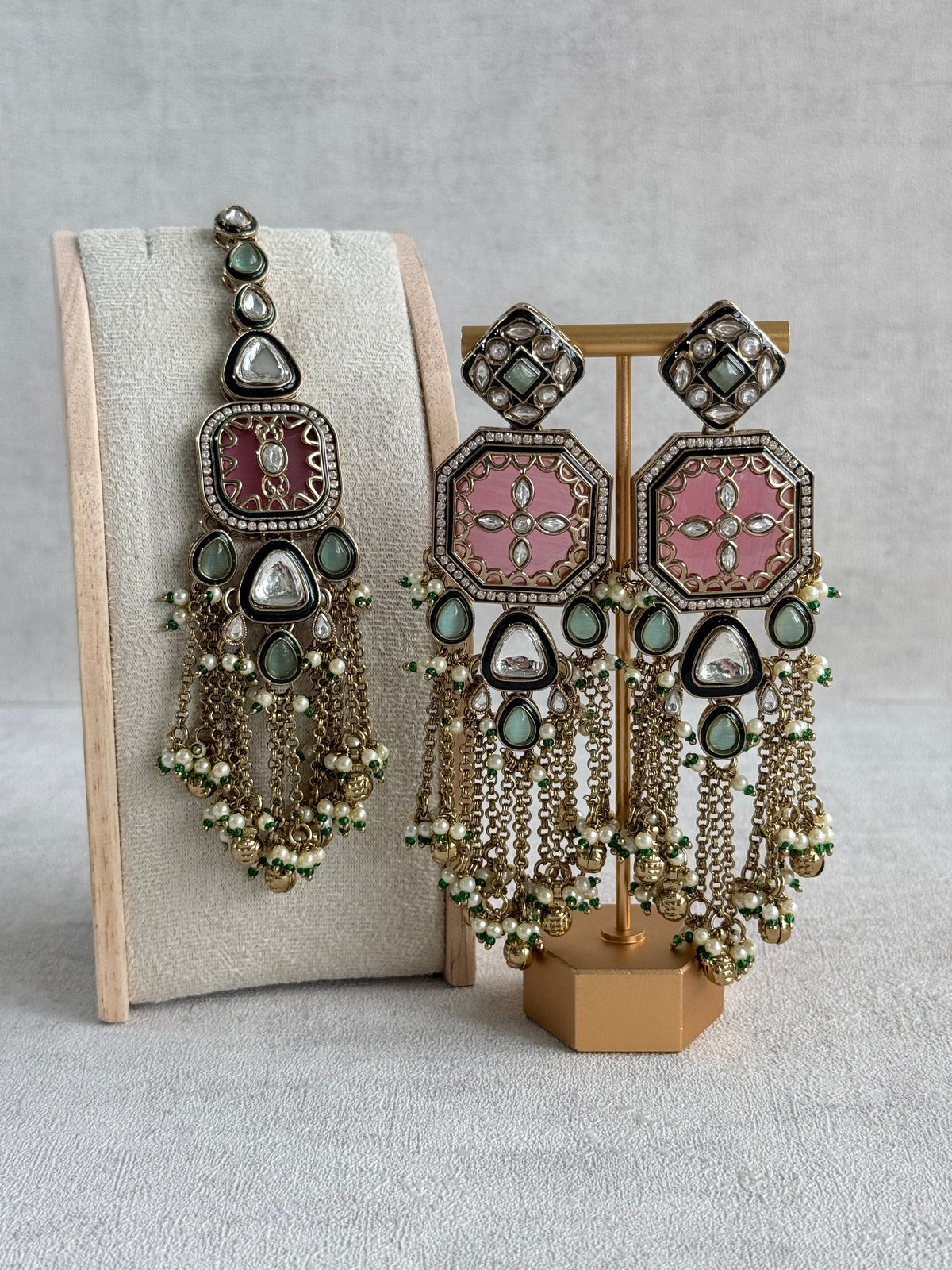 Ayura Designs Ashna Choker Set with Tikka and Earrings – Rose Pink, Mint Green & Kundan with Chains & Ghungroos in Antique Gold Finish